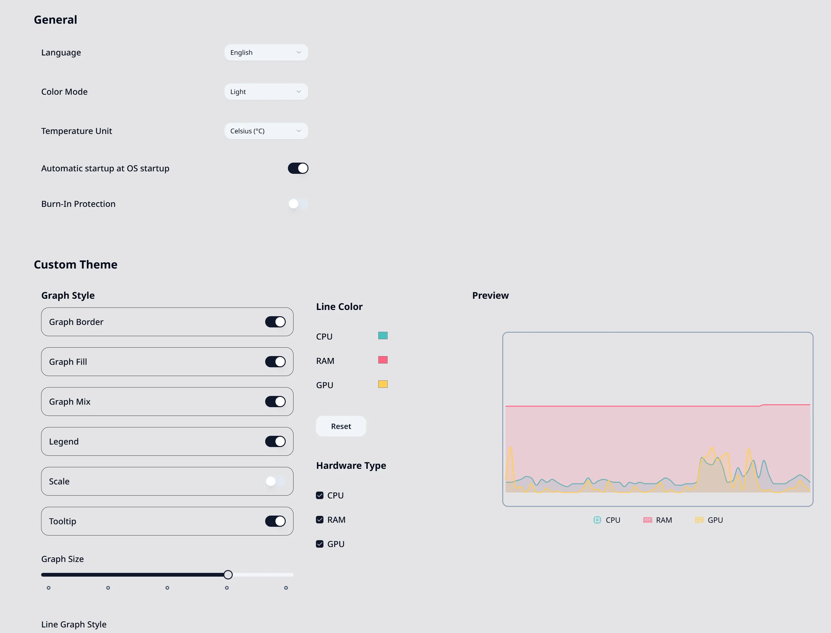 HardwareVisualizer Settings - Customizable appearance and graph display options