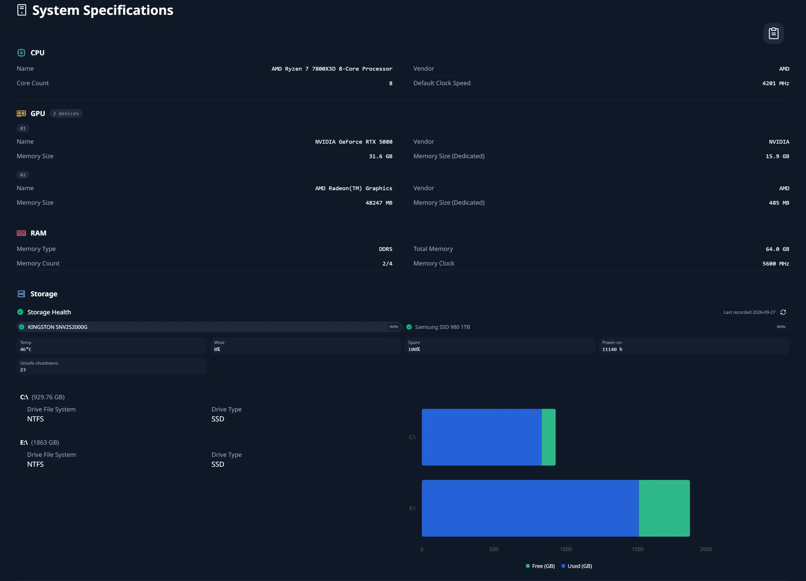HardwareVisualizer System Specifications showing CPU, GPU, memory, and storage details